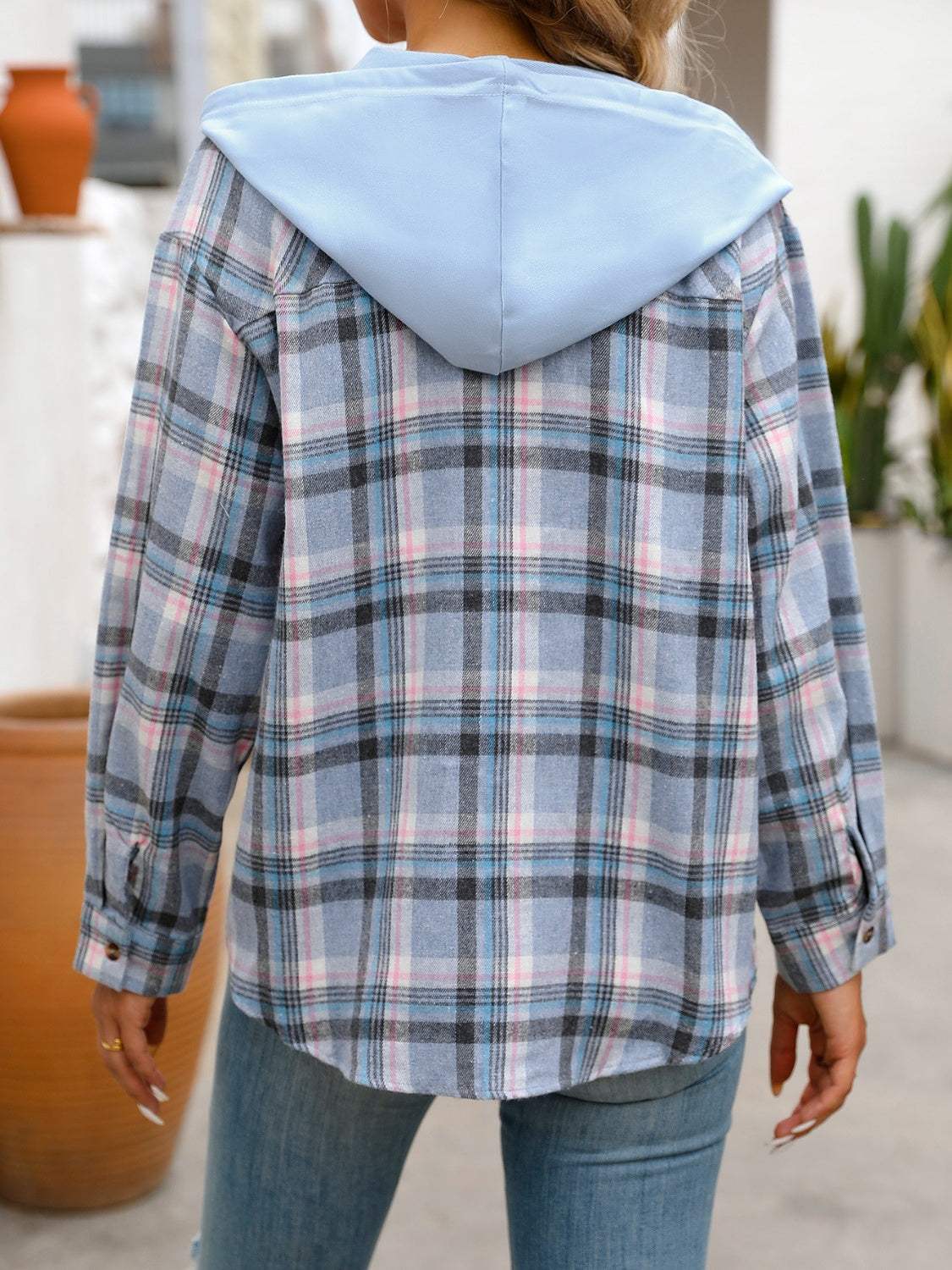 Plaid Long Sleeve Hooded Jacket - Trendsi - Flyclothing LLC