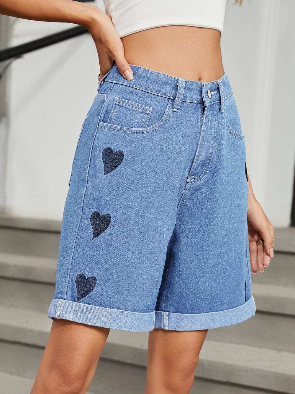 Heart-Pattern Rolled Hem Denim Shorts - Trendsi - Flyclothing LLC