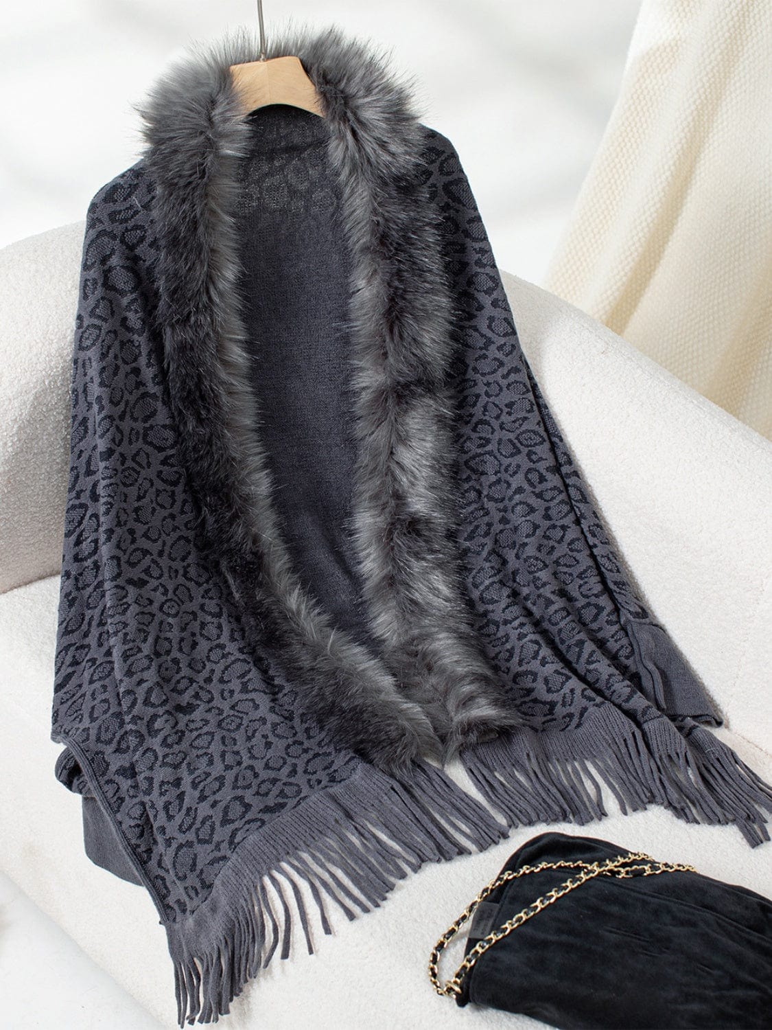 Fringe Leopard Open Front Long Sleeve Poncho - Trendsi
