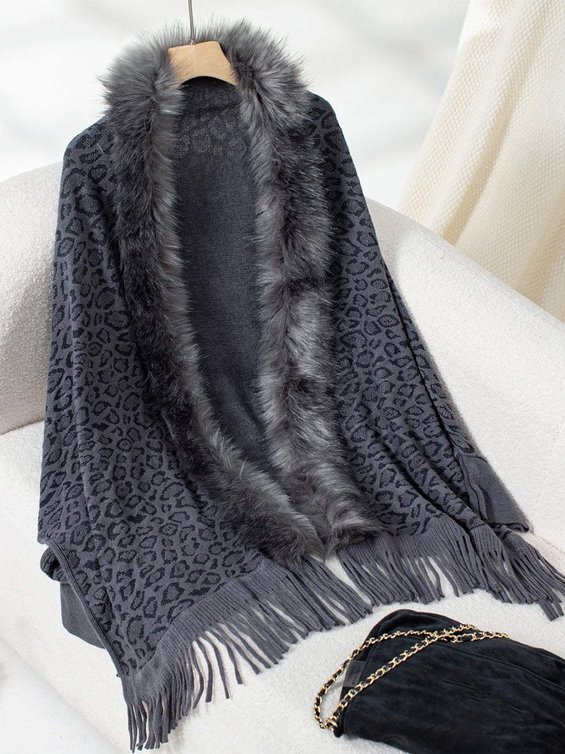 Fringe Leopard Open Front Long Sleeve Poncho - Trendsi - Flyclothing LLC