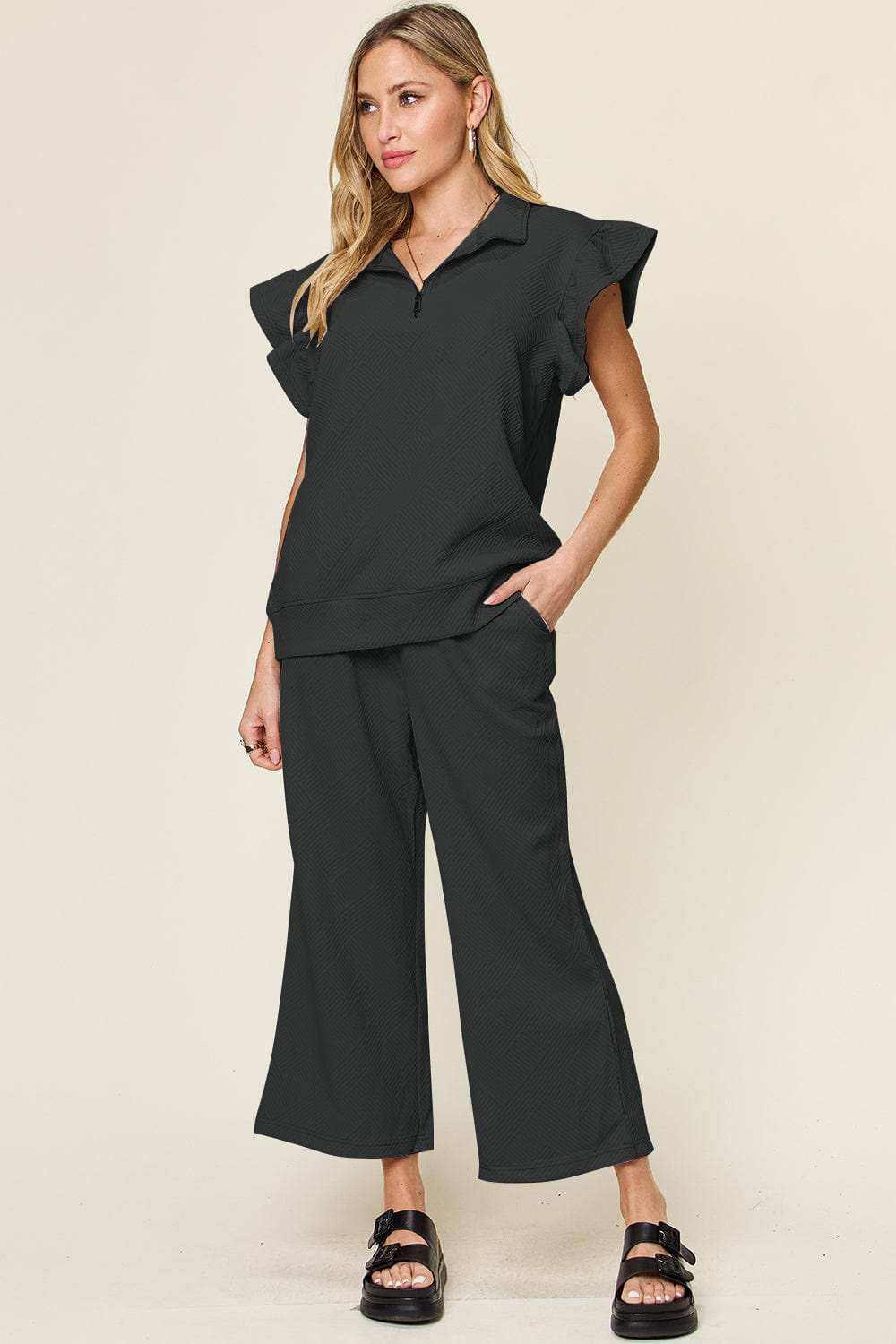 Double Take Texture Ruffle Short Sleeve Top and Drawstring Wide Leg Pants Set - Trendsi - Flyclothing LLC