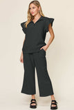 Double Take Texture Ruffle Short Sleeve Top and Drawstring Wide Leg Pants Set - Trendsi - Flyclothing LLC