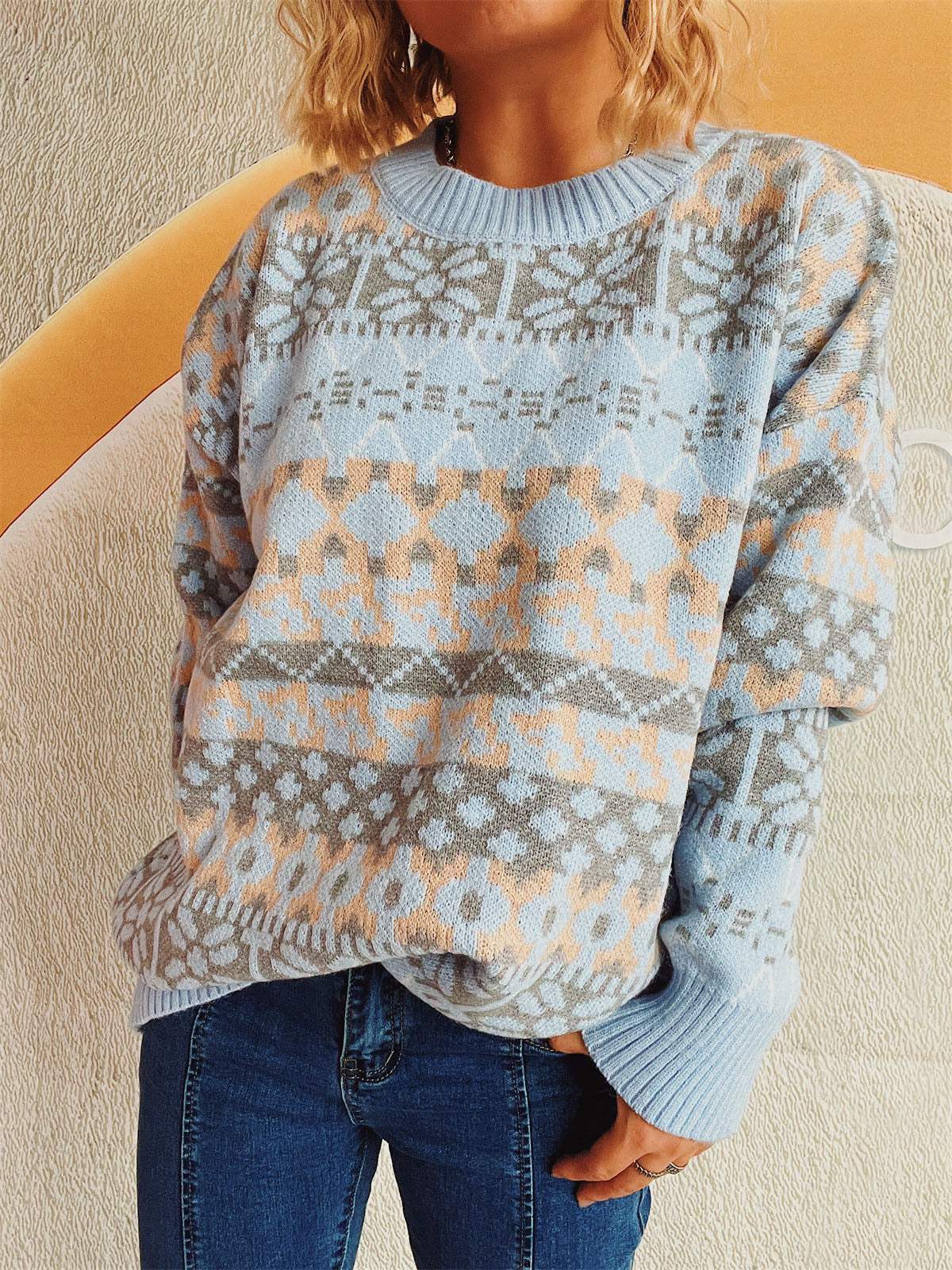 Geometric Round Neck Dropped Shoulder Sweater - Trendsi - Flyclothing LLC