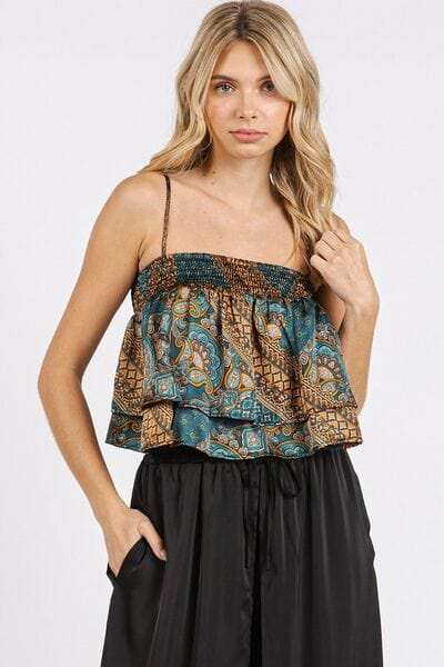 Mittoshop Paisley Patchwork Print Satin Ruffle Crop Cami - Trendsi - Flyclothing LLC
