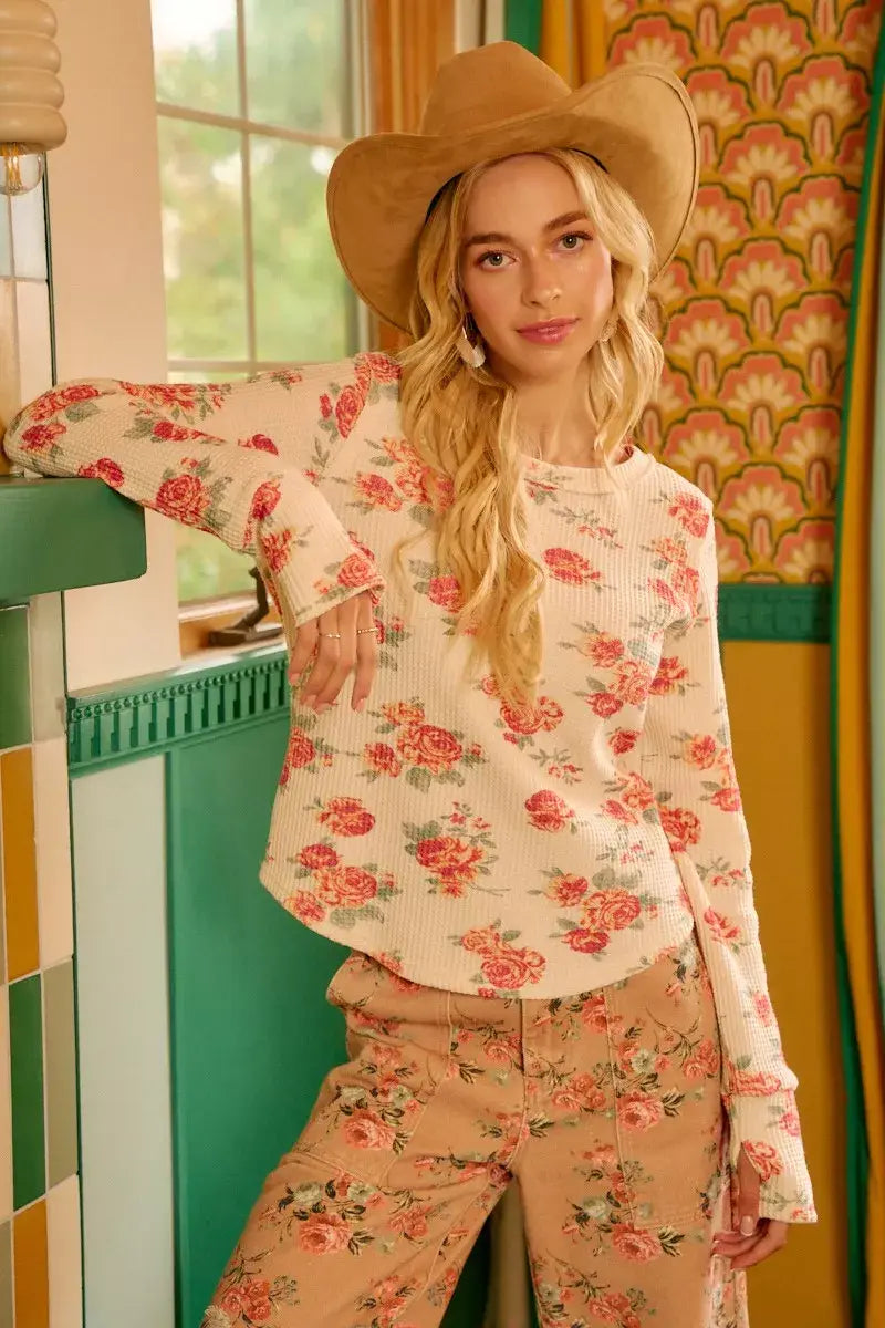 BiBi Floral Print Washed Waffle Thermal Top With Thumb - Trendsi - Flyclothing LLC