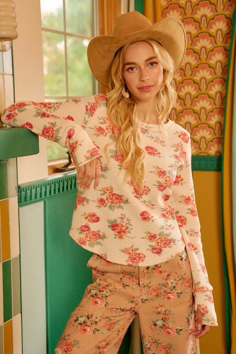 BiBi Floral Print Washed Waffle Thermal Top With Thumb - Trendsi - Flyclothing LLC