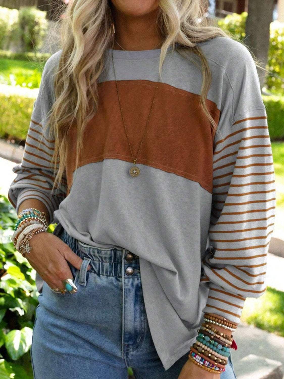 Round Neck Striped Long Sleeve Slit T-Shirt - Trendsi - Flyclothing LLC