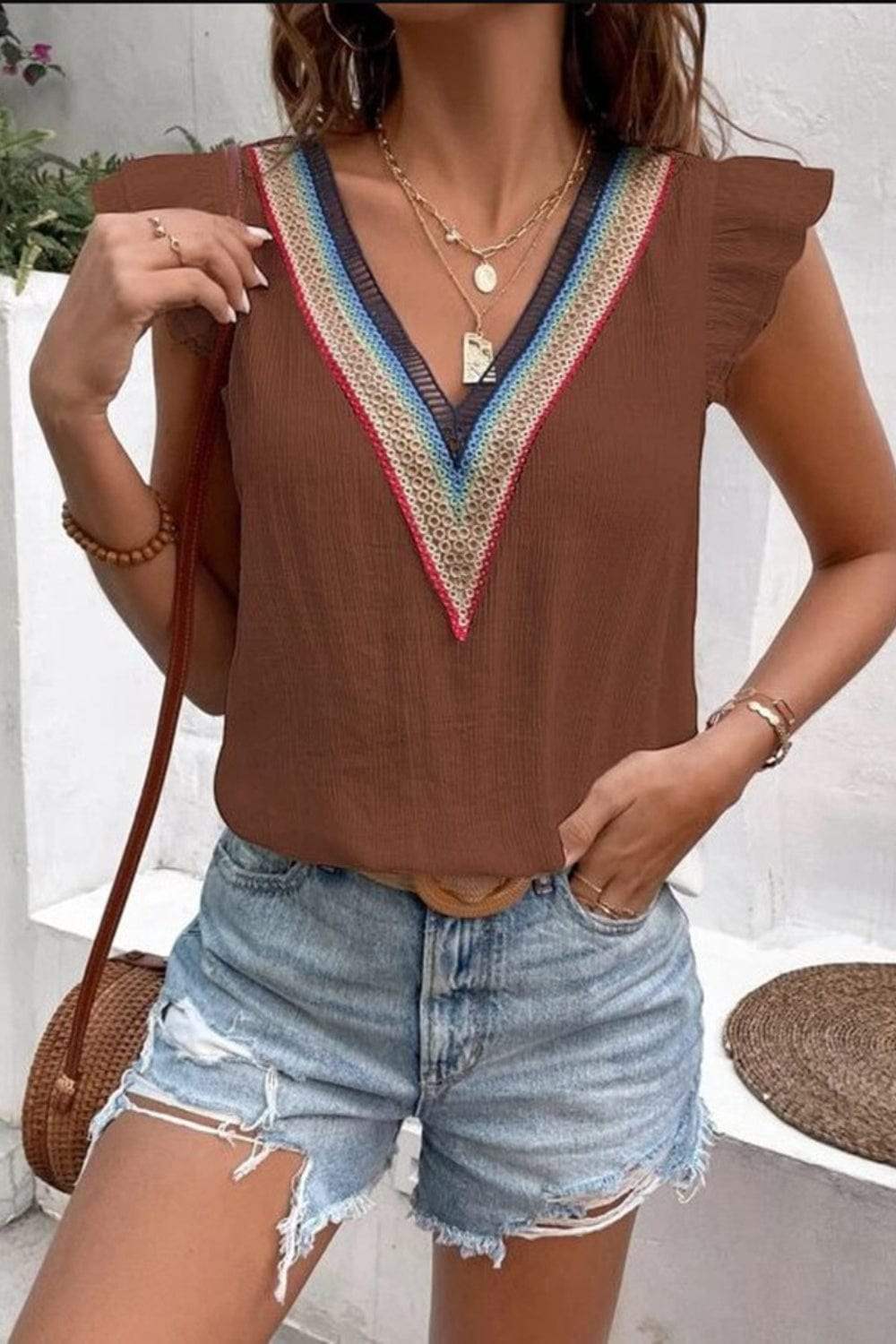 Full Size Ruffled V-Neck Cap Sleeve Blouse - Trendsi - Flyclothing LLC