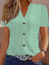 Openwork Notched Short Sleeve Top - Trendsi - Flyclothing LLC