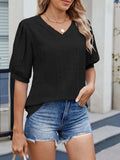 Puff Sleeve V-Neck Eyelet Lace T-Shirt - Trendsi - Flyclothing LLC