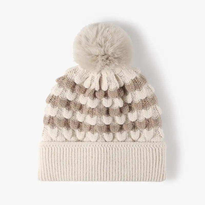 Striped Contrast Knit Hat with Pom-pom - Trendsi - Flyclothing LLC