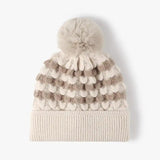 Striped Contrast Knit Hat with Pom-pom - Trendsi
