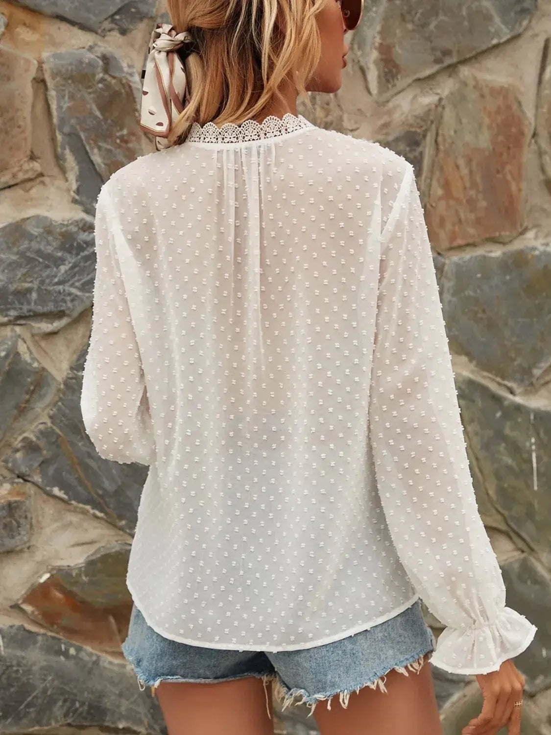 Lace Detail V-Neck Swiss Dot Blouse - Trendsi - Flyclothing LLC