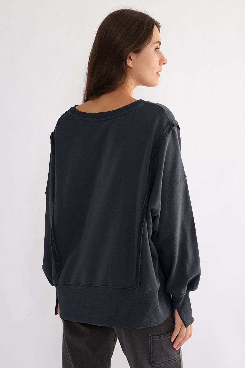 Exposed Seam High-Low Long Sleeve Sweatshirt - Trendsi - Flyclothing LLC