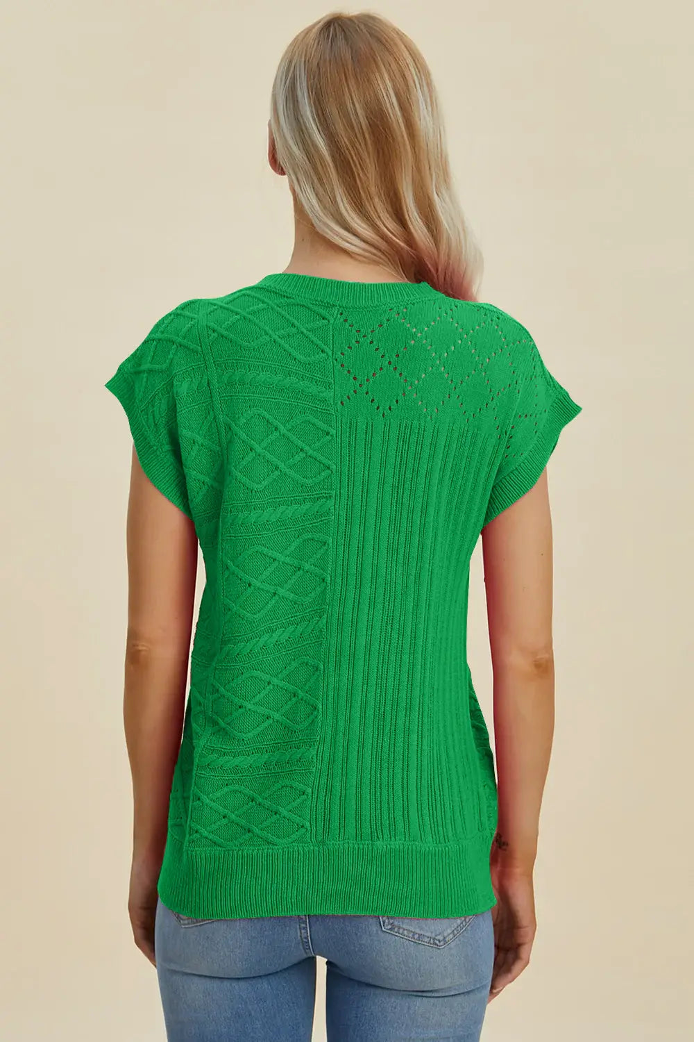 Double Take Full Size Cable-Knit Round Neck Cap Sleeve Sweater - Trendsi - Flyclothing LLC
