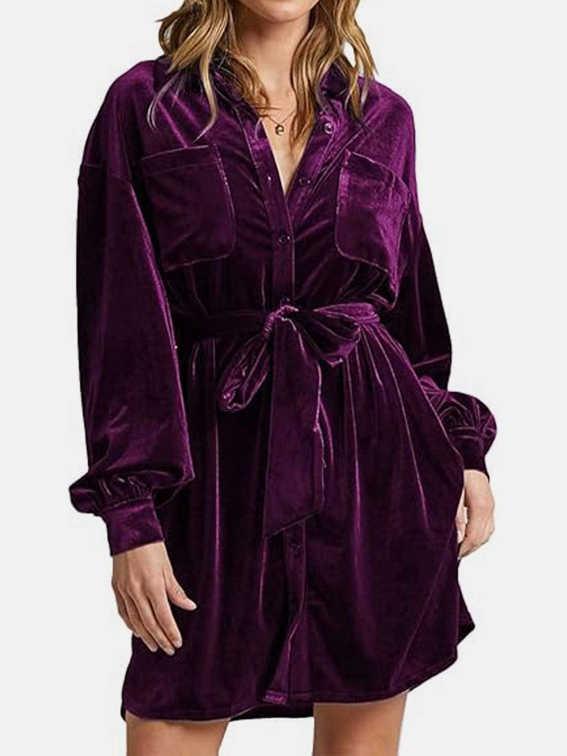 Collared Neck Button Down Long Sleeve Mini Dress - Trendsi - Flyclothing LLC