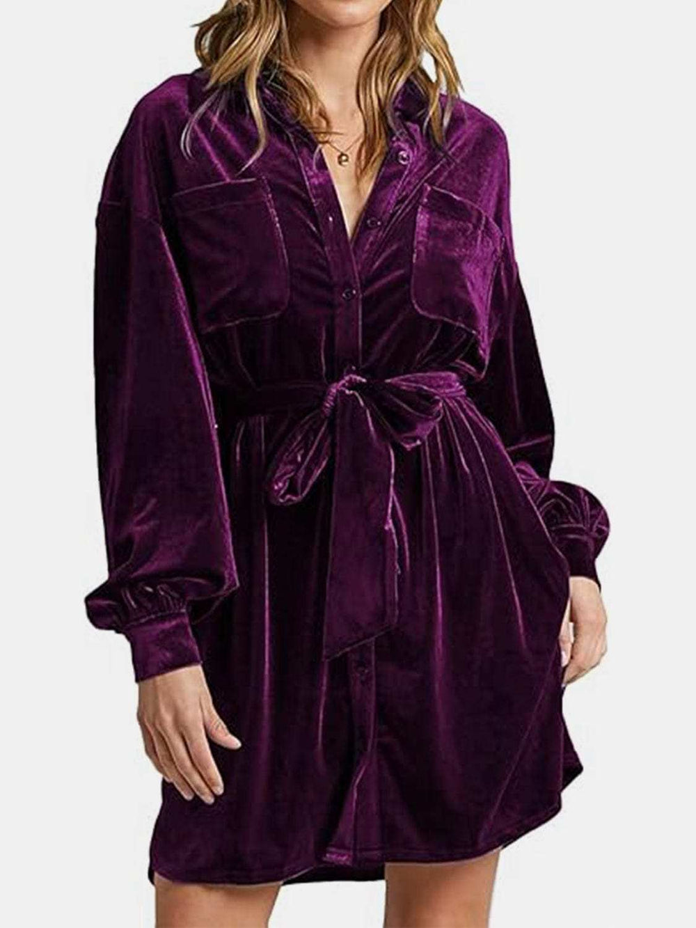 Collared Neck Button Down Long Sleeve Mini Dress - Trendsi - Flyclothing LLC