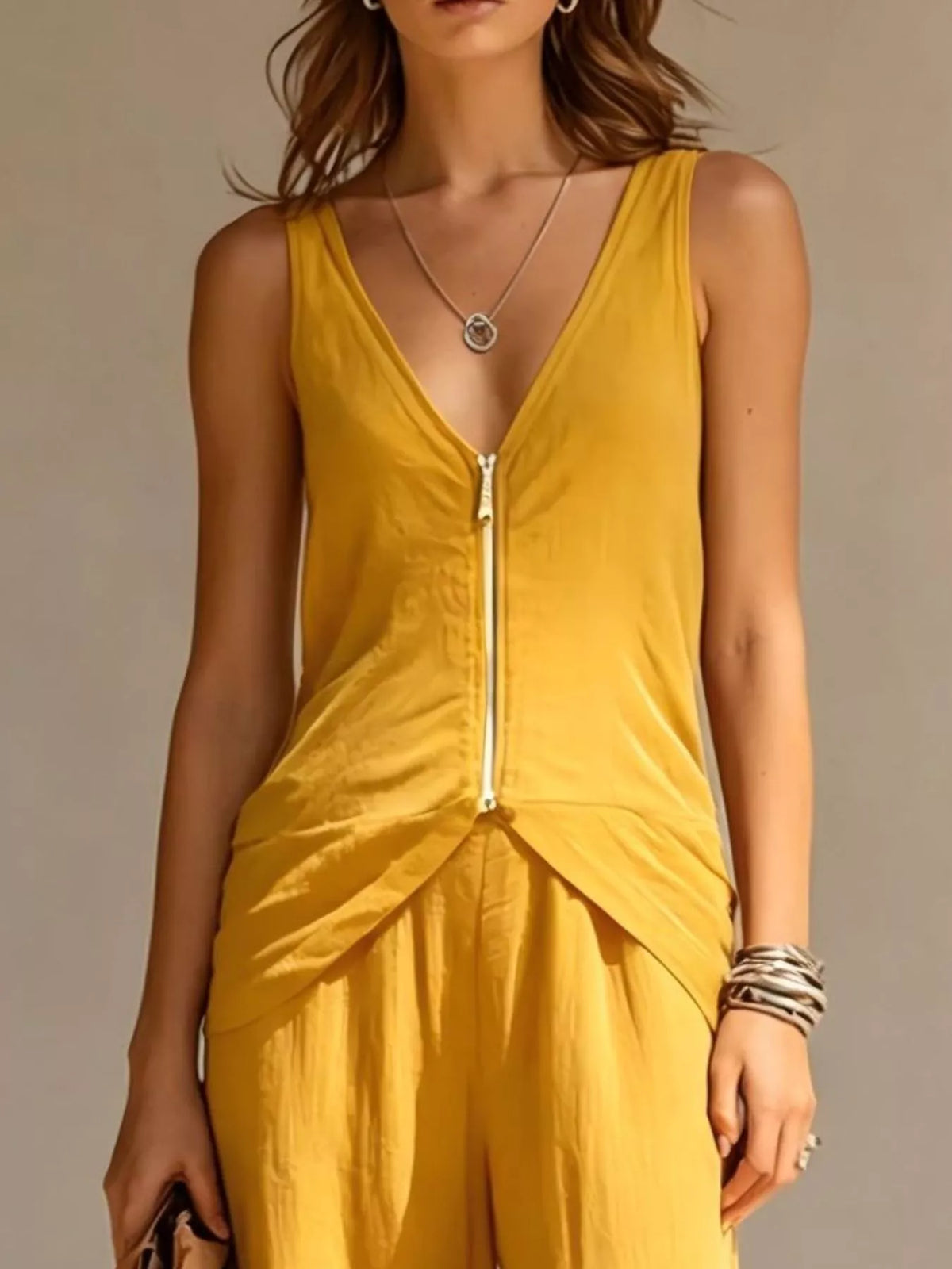 Full Size Zipper Front Tank and Wide-Leg Pants Set Plus Size - Trendsi - Flyclothing LLC