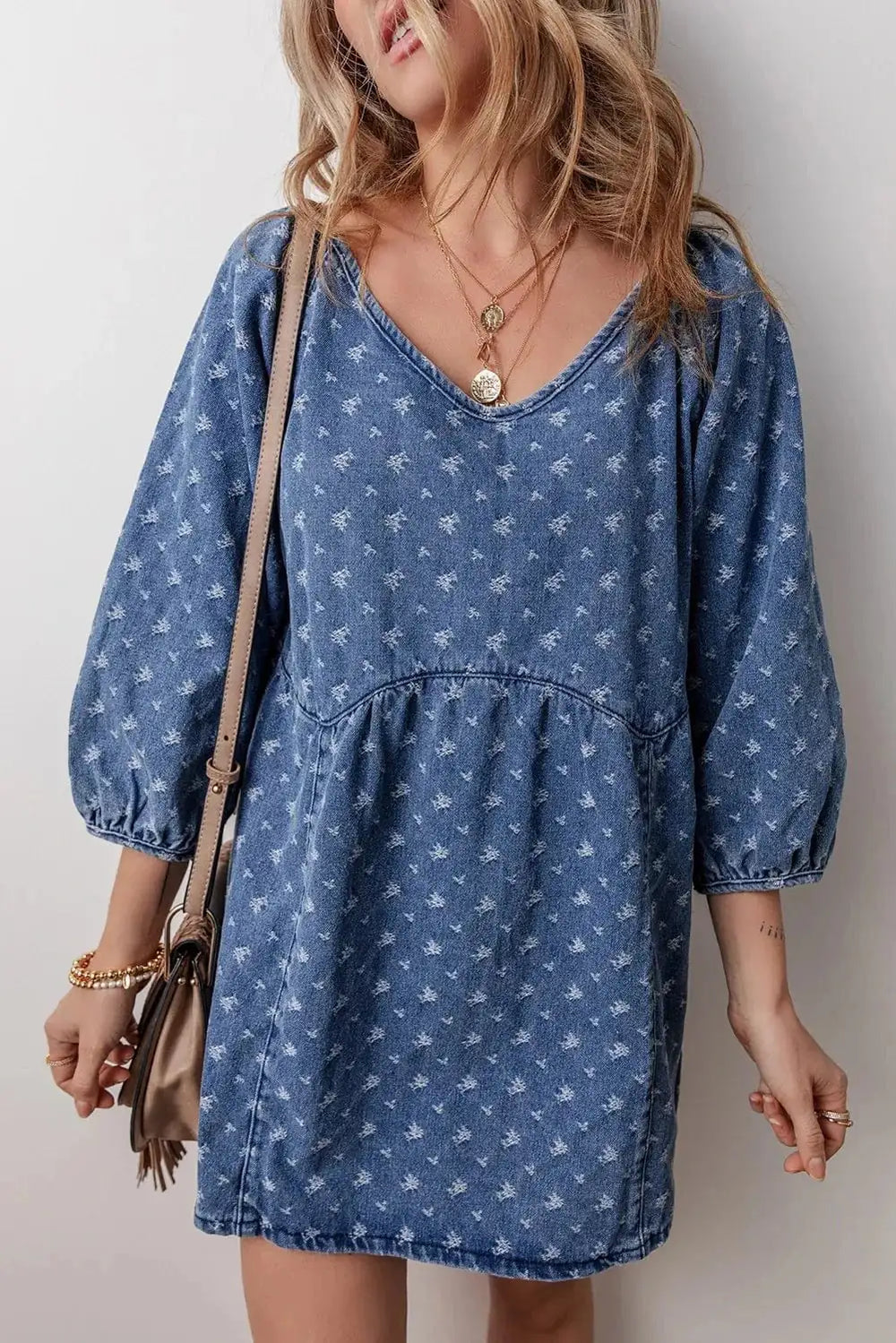 Tied V-Neck Mini Denim Dress - Trendsi