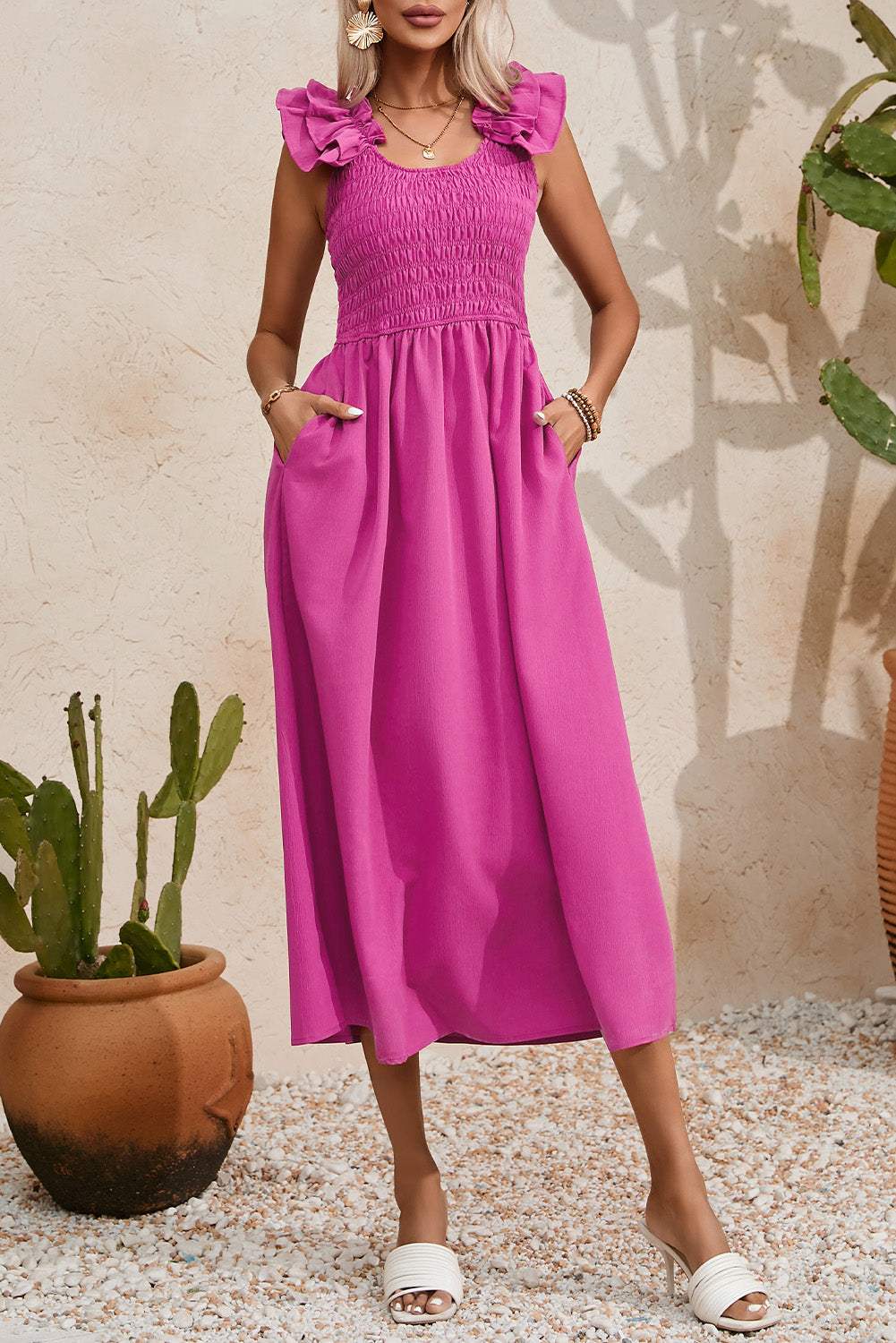 Smocked Ruffled Scoop Neck Midi Dress - Trendsi - Flyclothing LLC