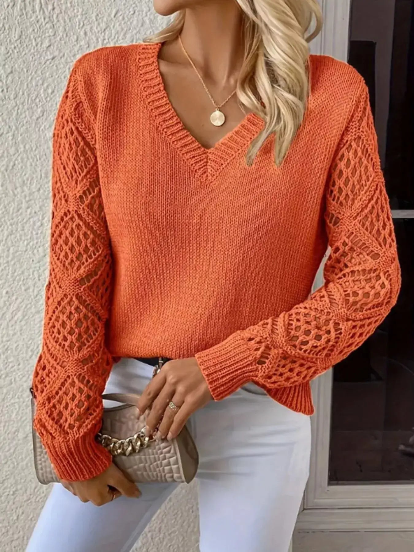 V-Neck Crochet Sleeve Sweater - Trendsi - Flyclothing LLC