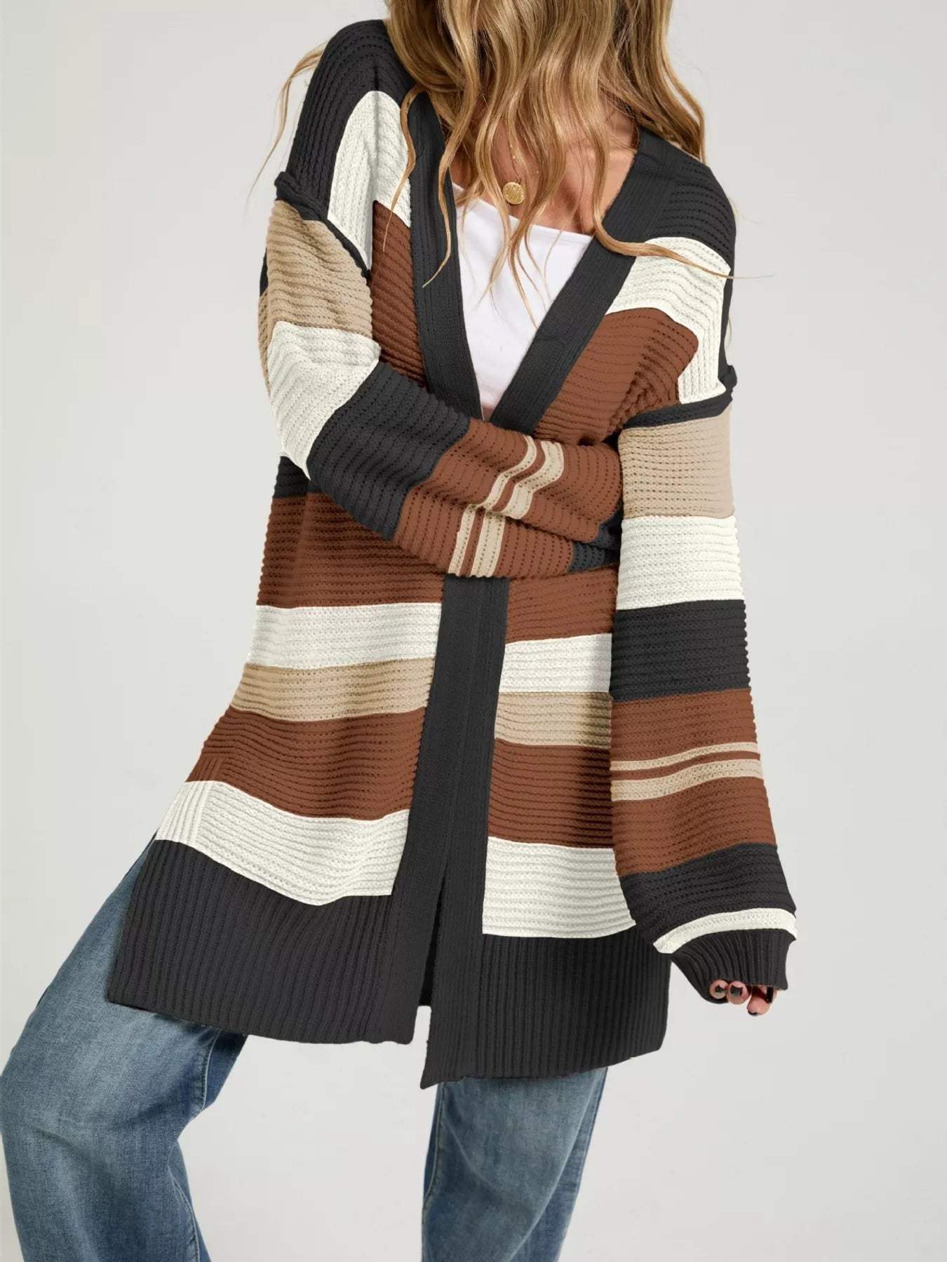 Color Block Striped Open Front Cardigan - Trendsi - Flyclothing LLC