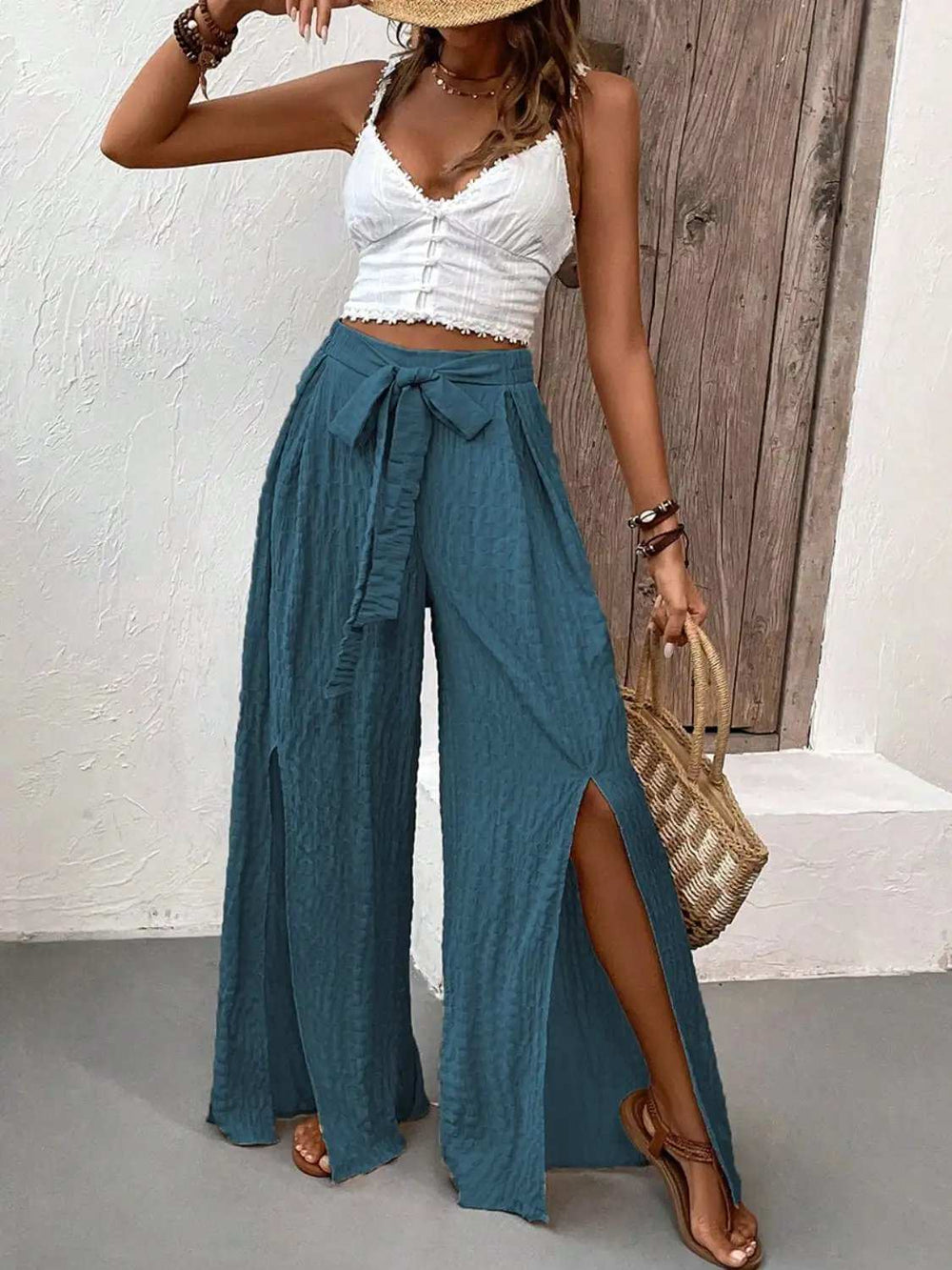 Tied Slit Wide Leg Pants - Trendsi - Flyclothing LLC