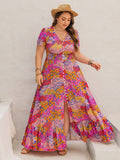 Plus Size Button Up Printed Short Sleeve Maxi Dress - Trendsi
