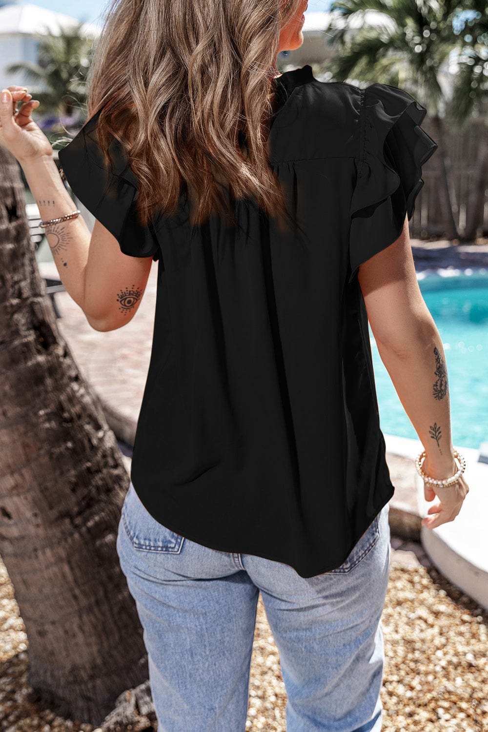 Ruffled Ruched Cap Sleeve Blouse - Trendsi - Flyclothing LLC