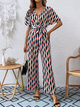 Printed Surplice Tie Waist Short Sleeve Jumpsuit - Trendsi - Flyclothing LLC