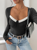Perfee Ribbed Contrast Long Sleeve Bodysuit - Trendsi