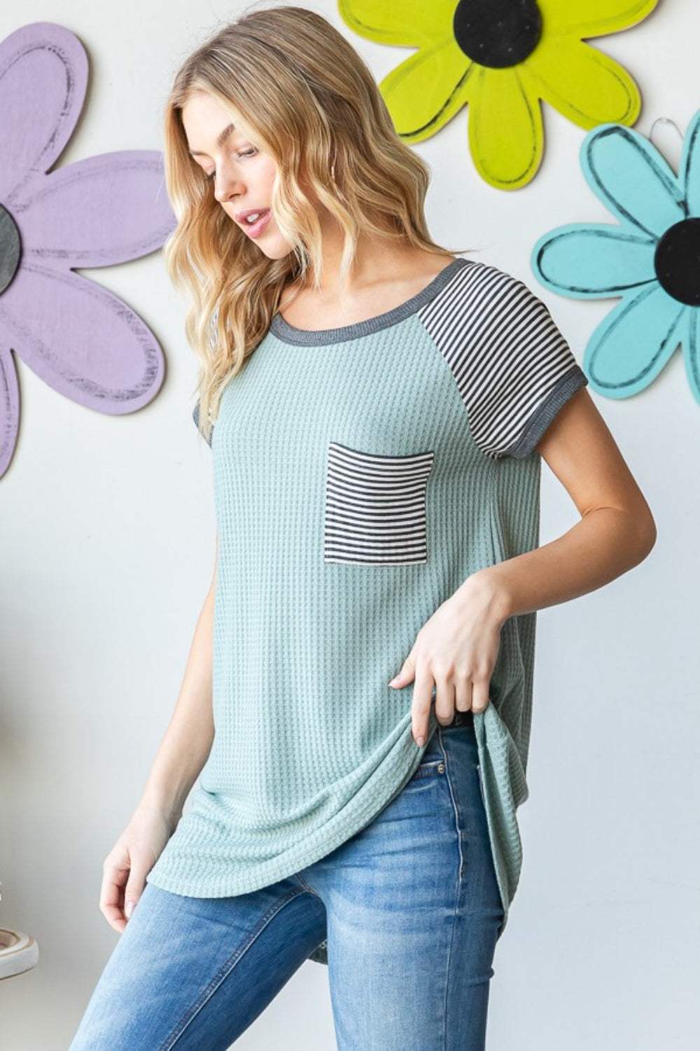 Heimish Full Size Striped Short Sleeve Waffle T-Shirt - Trendsi - Flyclothing LLC