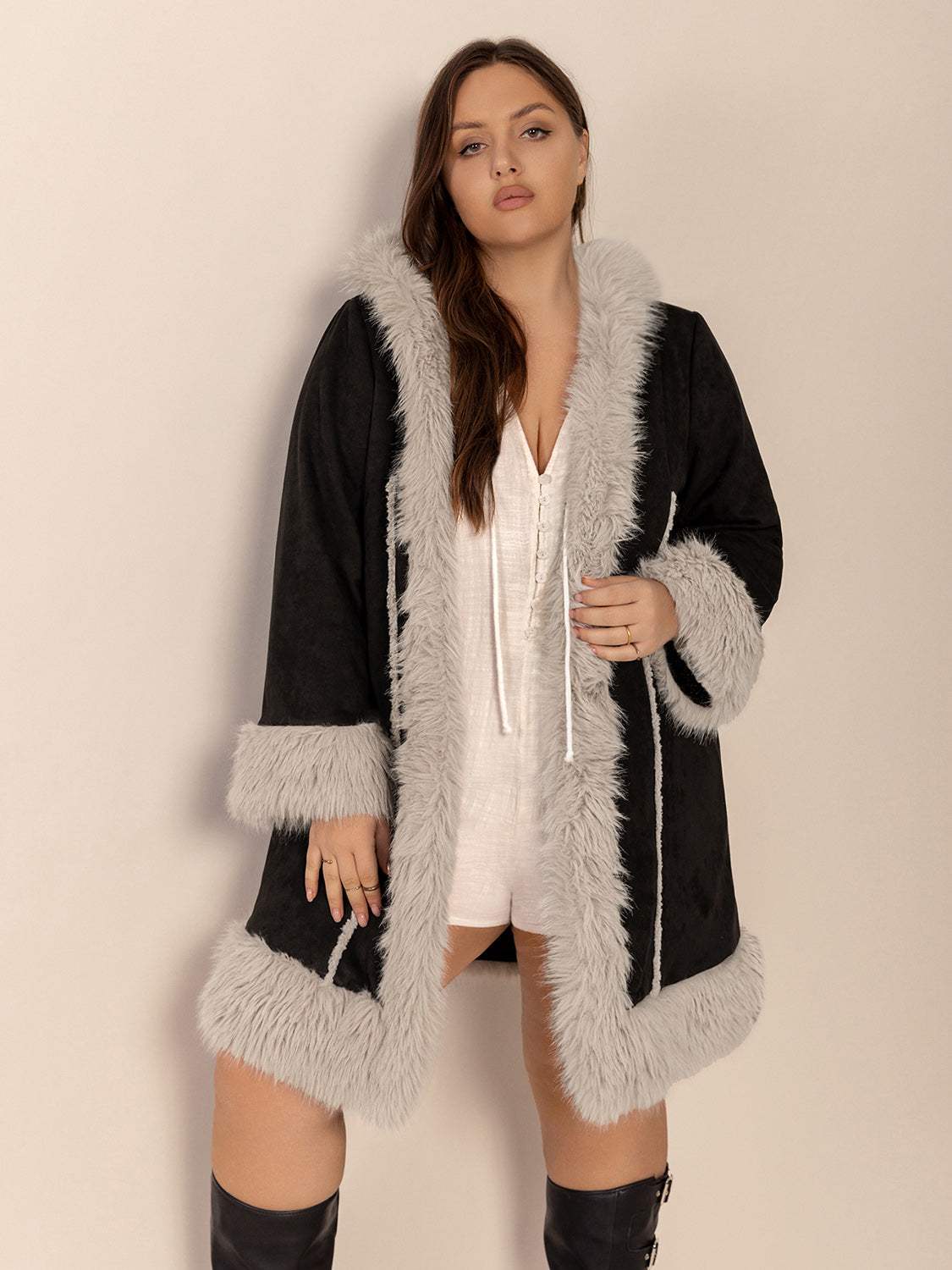 Plus Size Fuzzy Trim Open Front Long Sleeve Hooded Coat - Trendsi - Flyclothing LLC