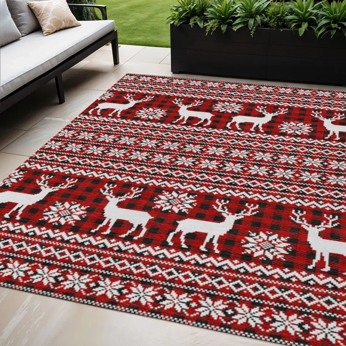 5' X 8' Red Black And Ivory Deer Washable Indoor Outdoor Area Rug - Homeroots - Flyclothing LLC