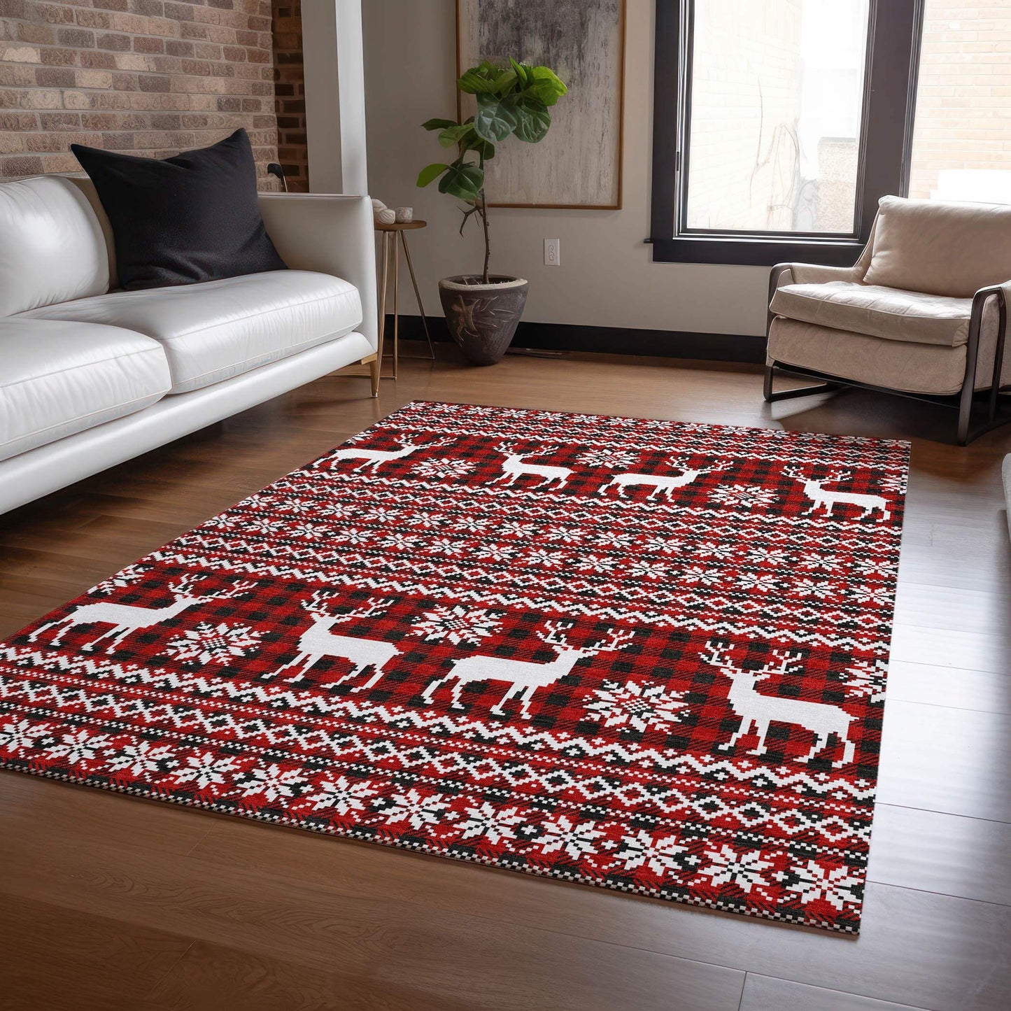 5' X 8' Red Black And Ivory Deer Washable Indoor Outdoor Area Rug - Homeroots - Flyclothing LLC