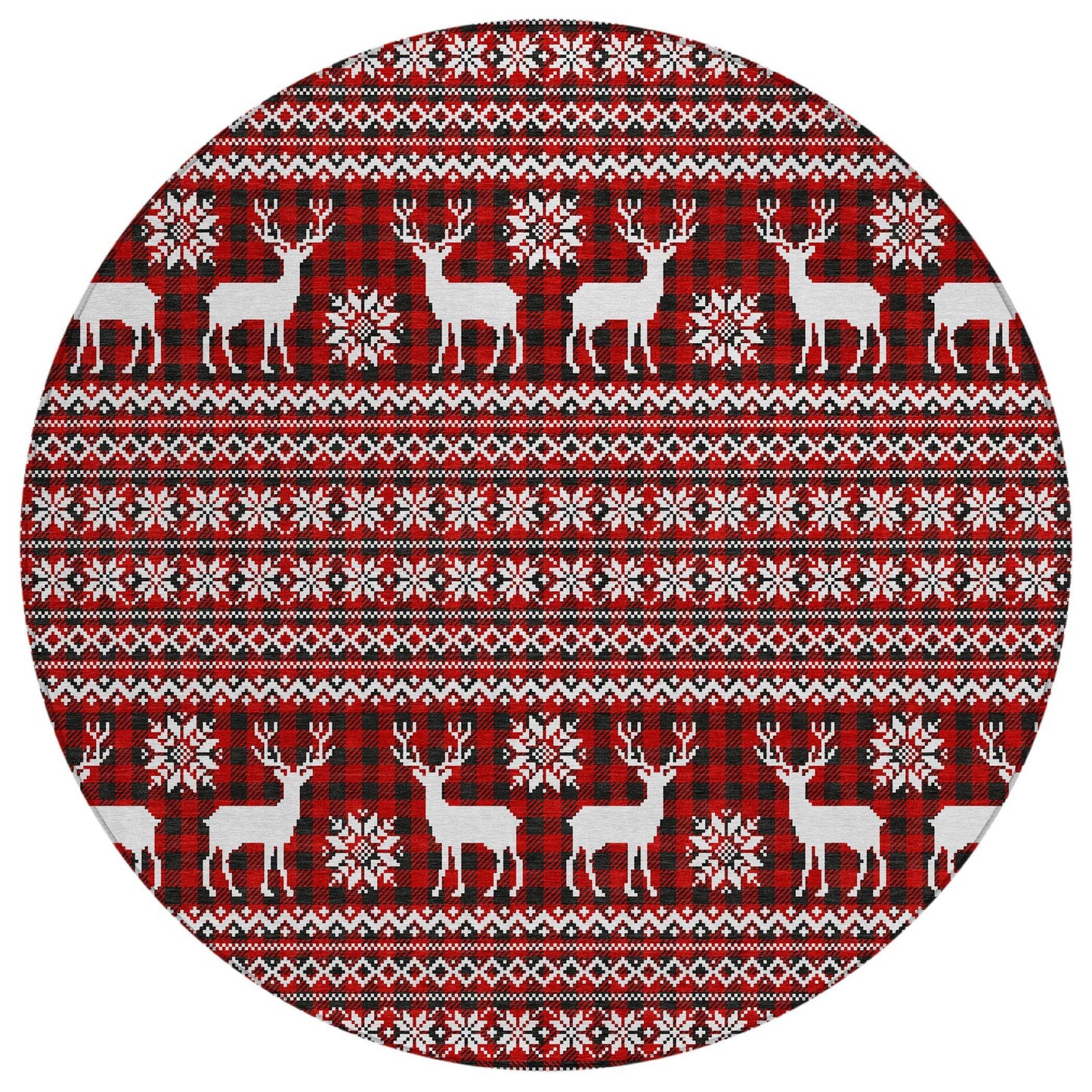 8' Red Black And Ivory Round Deer Washable Indoor Outdoor Area Rug - Homeroots - Flyclothing LLC