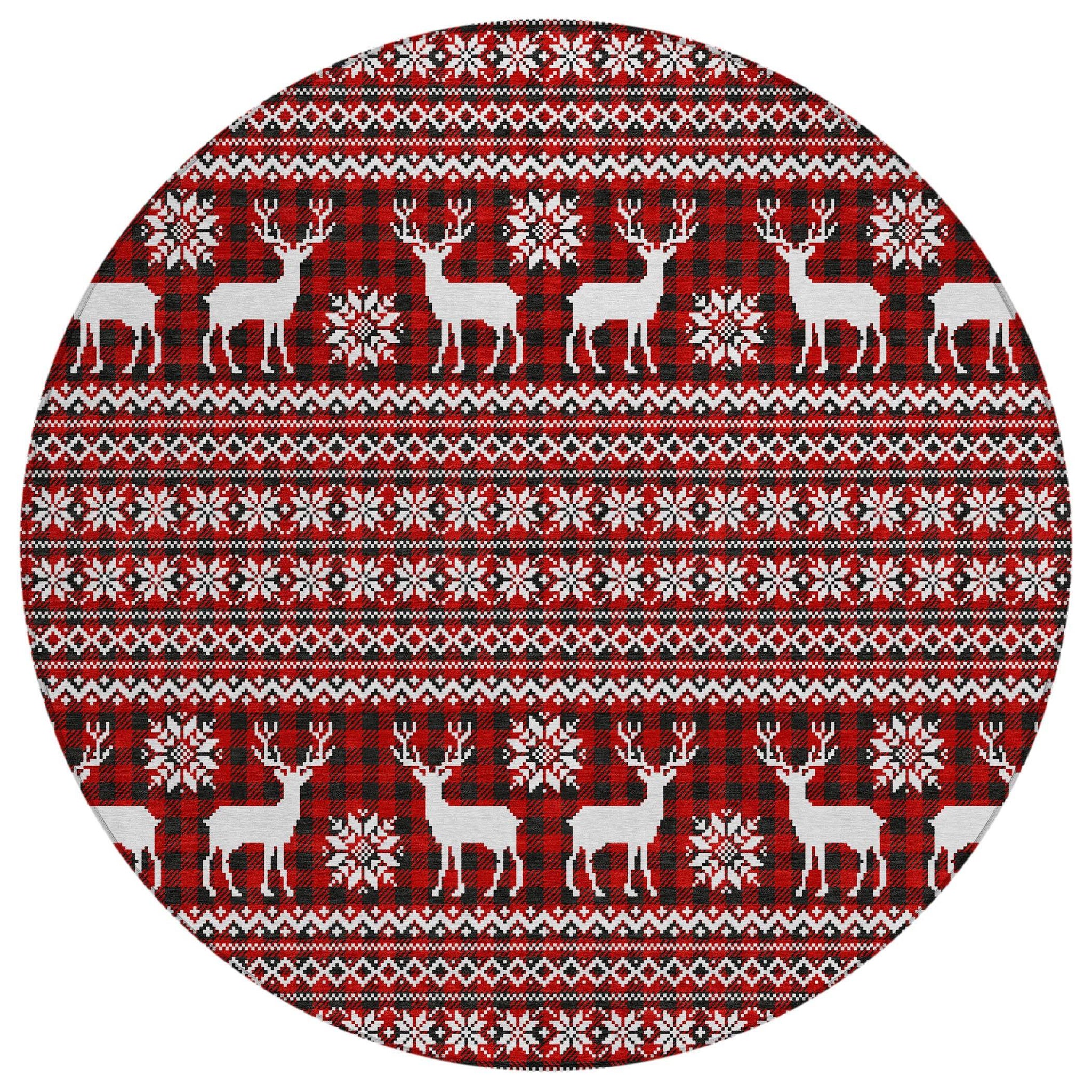 8' Red Black And Ivory Round Deer Washable Indoor Outdoor Area Rug - Homeroots - Flyclothing LLC