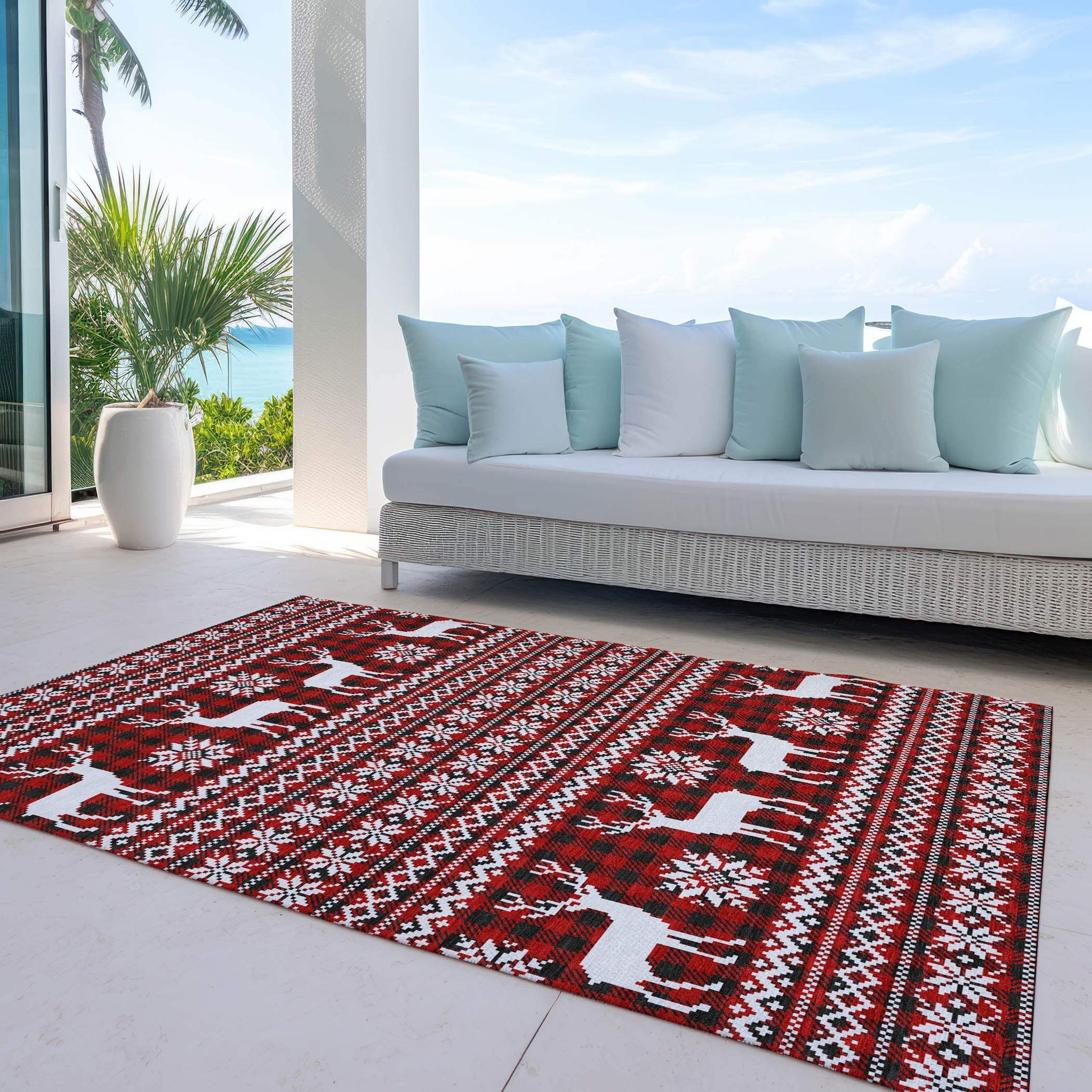 8' X 10' Red Black And Ivory Deer Washable Indoor Outdoor Area Rug - Homeroots - Flyclothing LLC