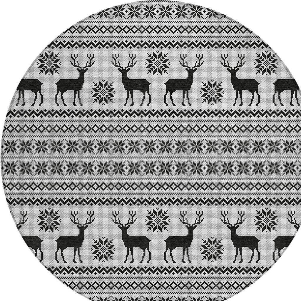 8' Silver Black And Ivory Round Deer Washable Indoor Outdoor Area Rug - Homeroots - Flyclothing LLC