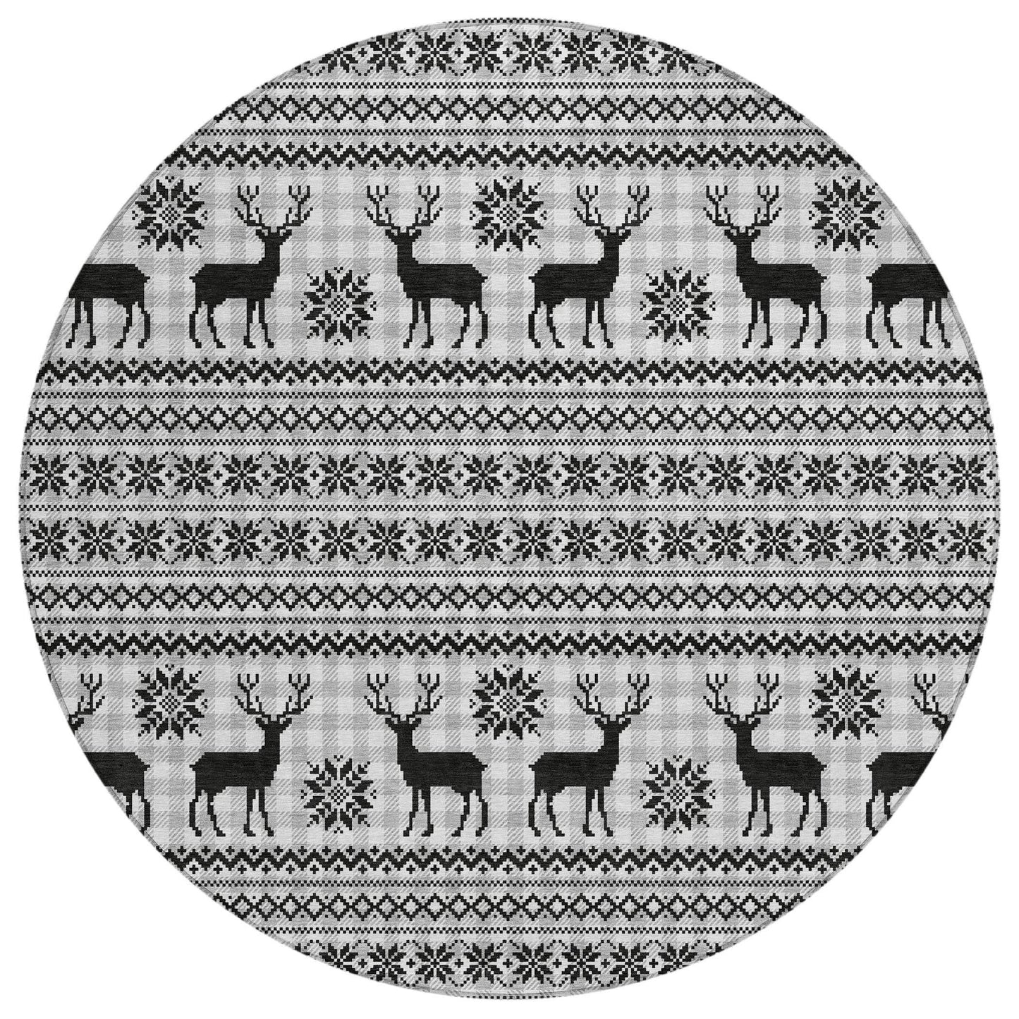 8' Silver Black And Ivory Round Deer Washable Indoor Outdoor Area Rug - Homeroots - Flyclothing LLC
