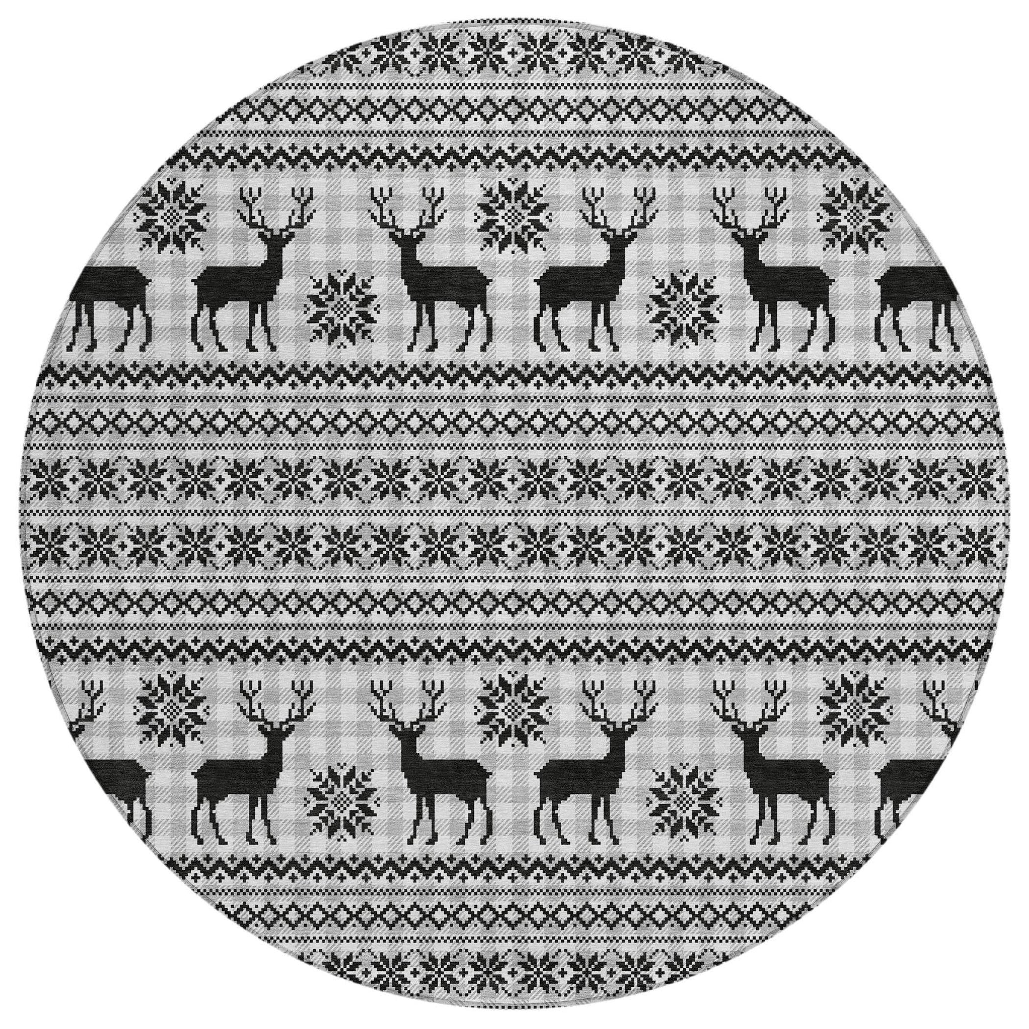 8' Silver Black And Ivory Round Deer Washable Indoor Outdoor Area Rug - Homeroots - Flyclothing LLC