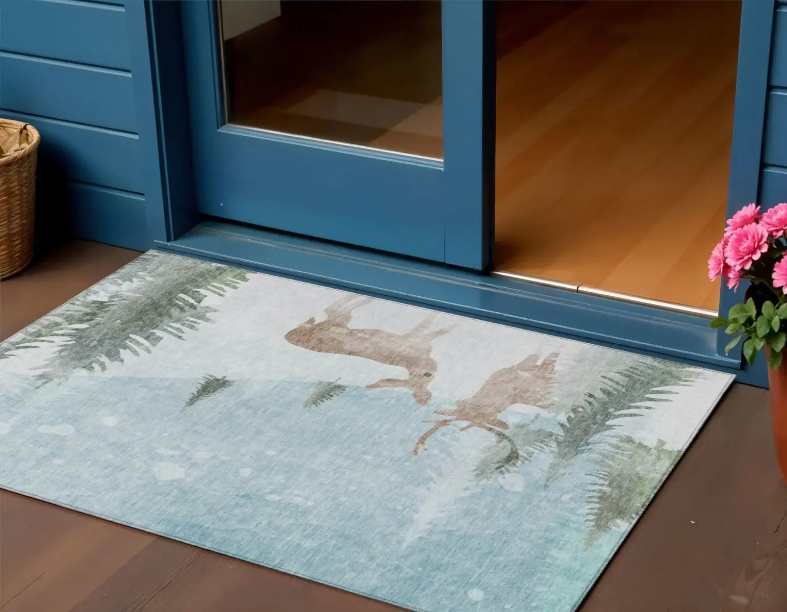 3' X 5' Sky Blue Sage Ivory And Khaki Deer Washable Indoor Outdoor Area Rug - Homeroots - Flyclothing LLC