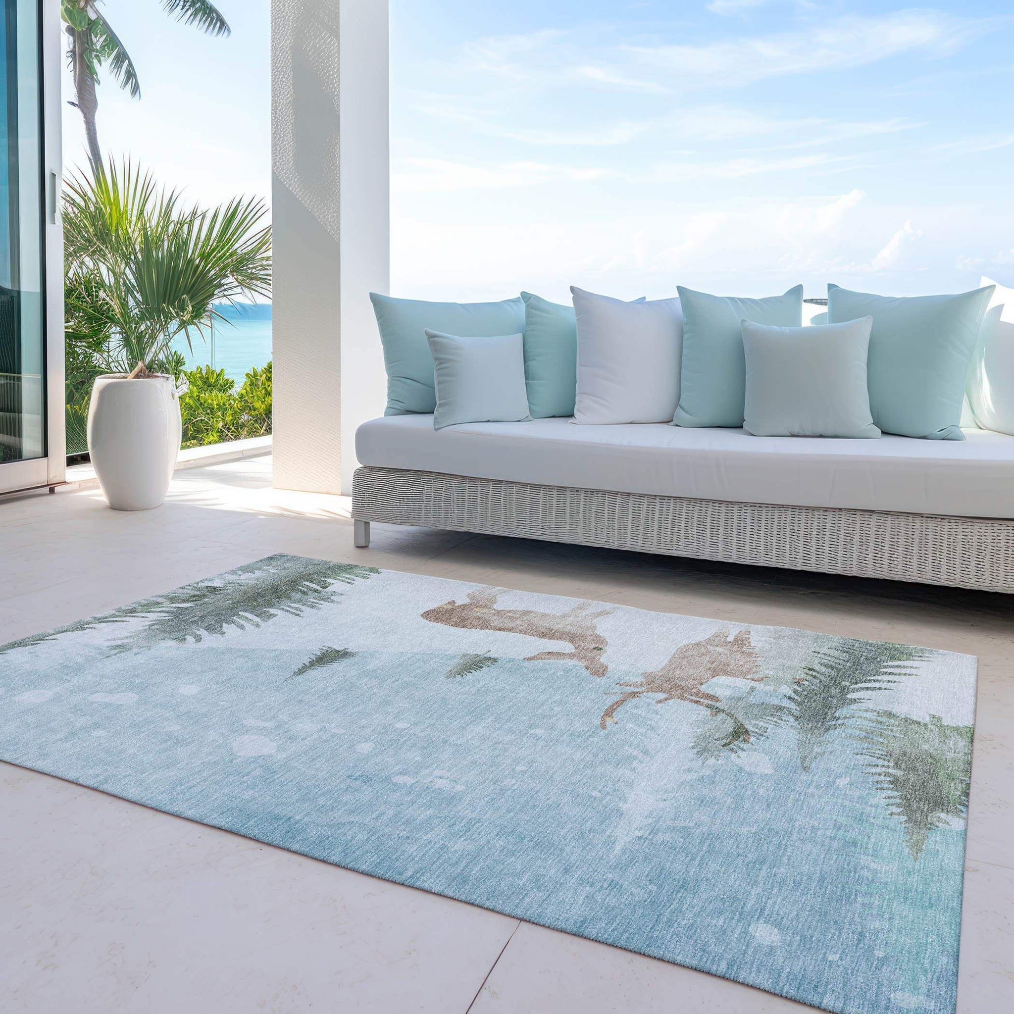 3' X 5' Sky Blue Sage Ivory And Khaki Deer Washable Indoor Outdoor Area Rug - Homeroots - Flyclothing LLC