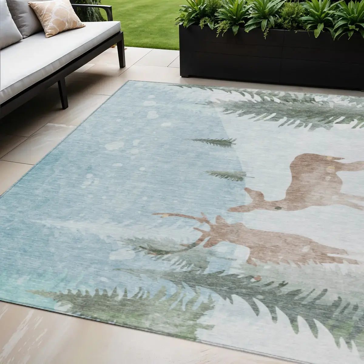 5' X 8' Sky Blue Sage Ivory And Khaki Deer Washable Indoor Outdoor Area Rug - Homeroots - Flyclothing LLC