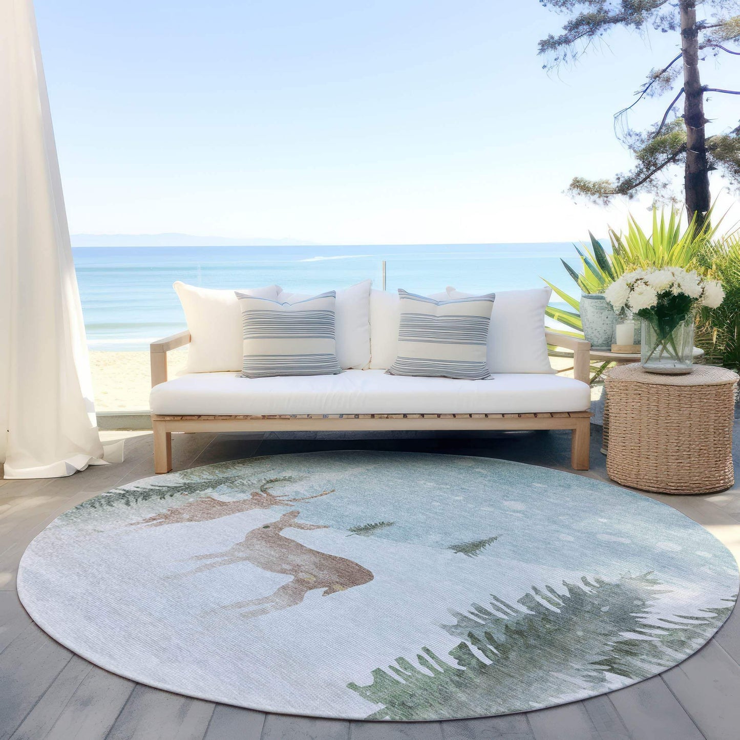 8' Sky Blue Sage Ivory And Khaki Round Deer Washable Indoor Outdoor Area Rug - Homeroots - Flyclothing LLC
