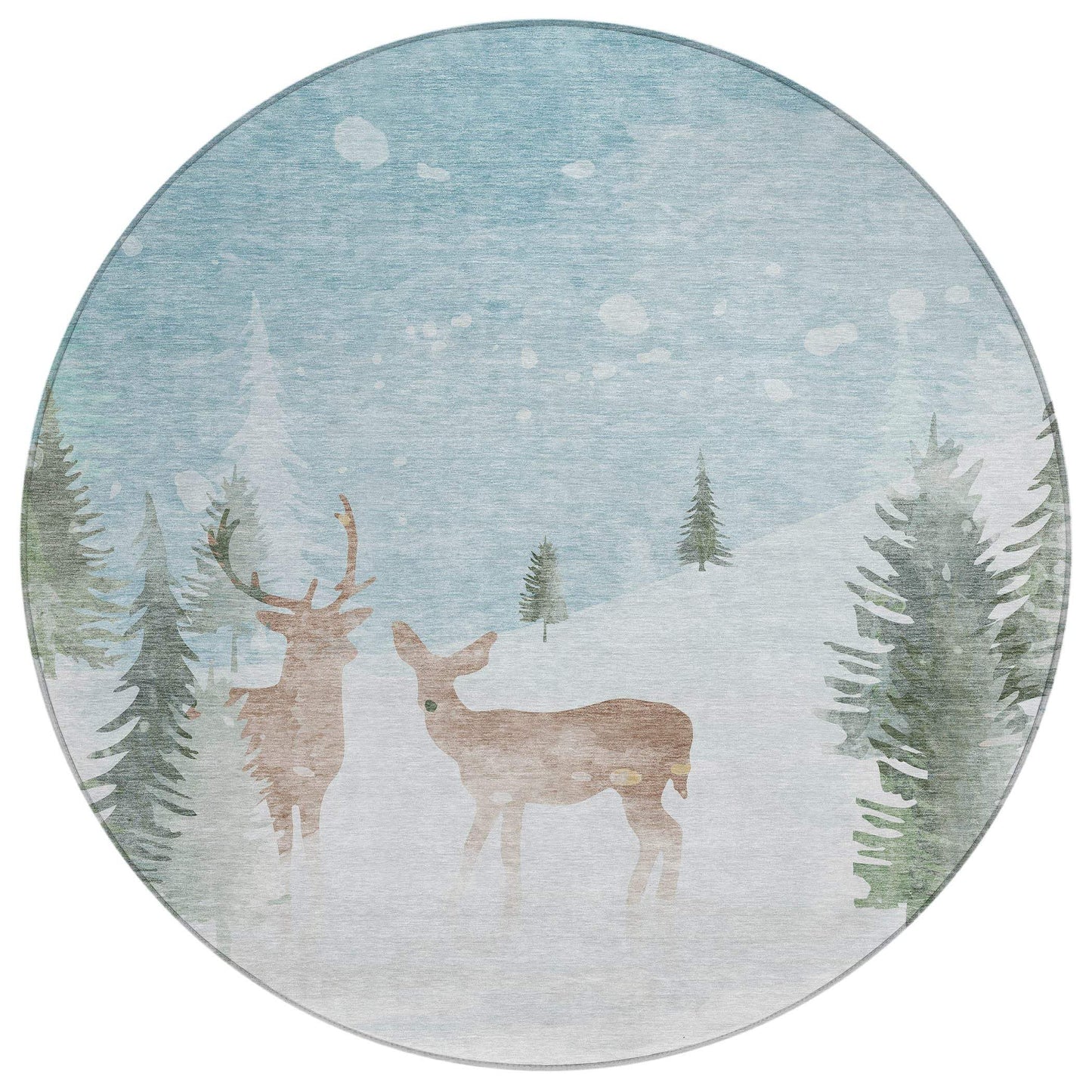 8' Sky Blue Sage Ivory And Khaki Round Deer Washable Indoor Outdoor Area Rug - Homeroots - Flyclothing LLC