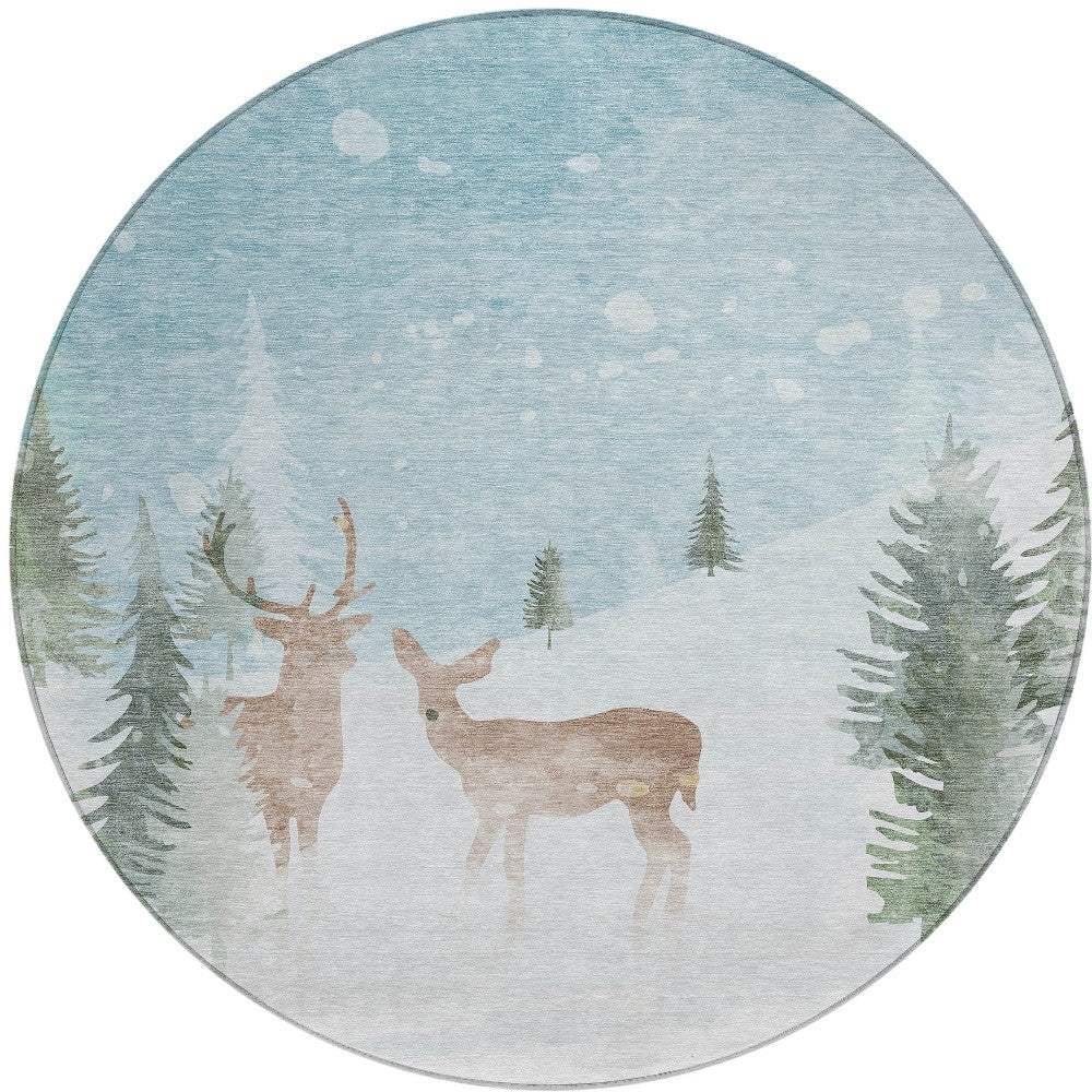 8' Sky Blue Sage Ivory And Khaki Round Deer Washable Indoor Outdoor Area Rug - Homeroots - Flyclothing LLC