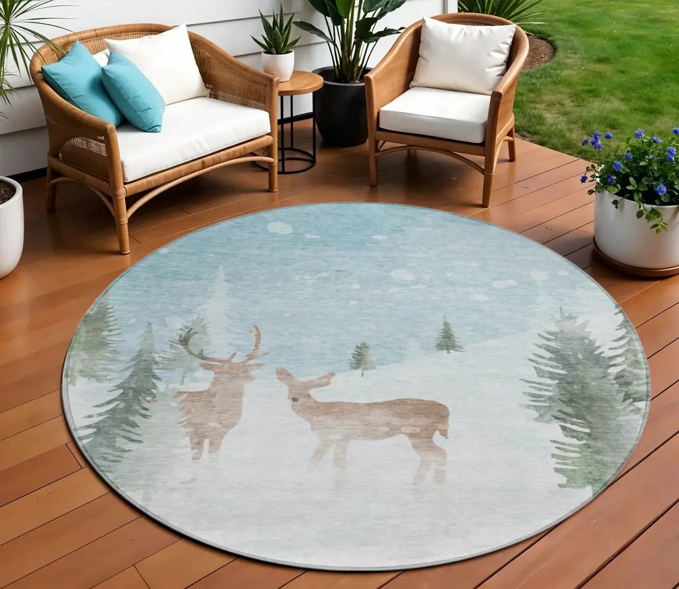 8' Sky Blue Sage Ivory And Khaki Round Deer Washable Indoor Outdoor Area Rug - Homeroots - Flyclothing LLC