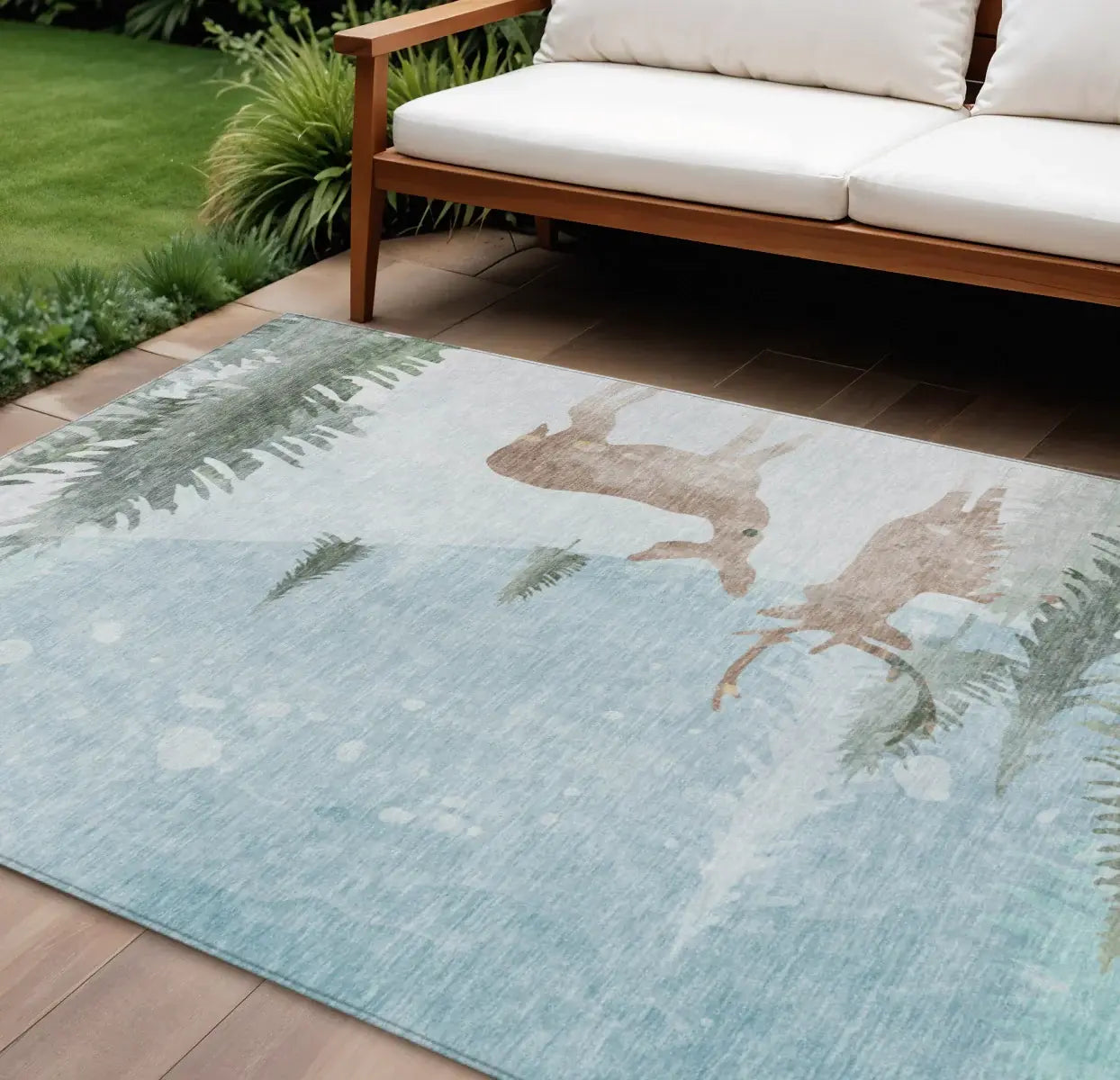 10' X 14' Sky Blue Sage Ivory And Khaki Deer Washable Indoor Outdoor Area Rug - Homeroots - Flyclothing LLC