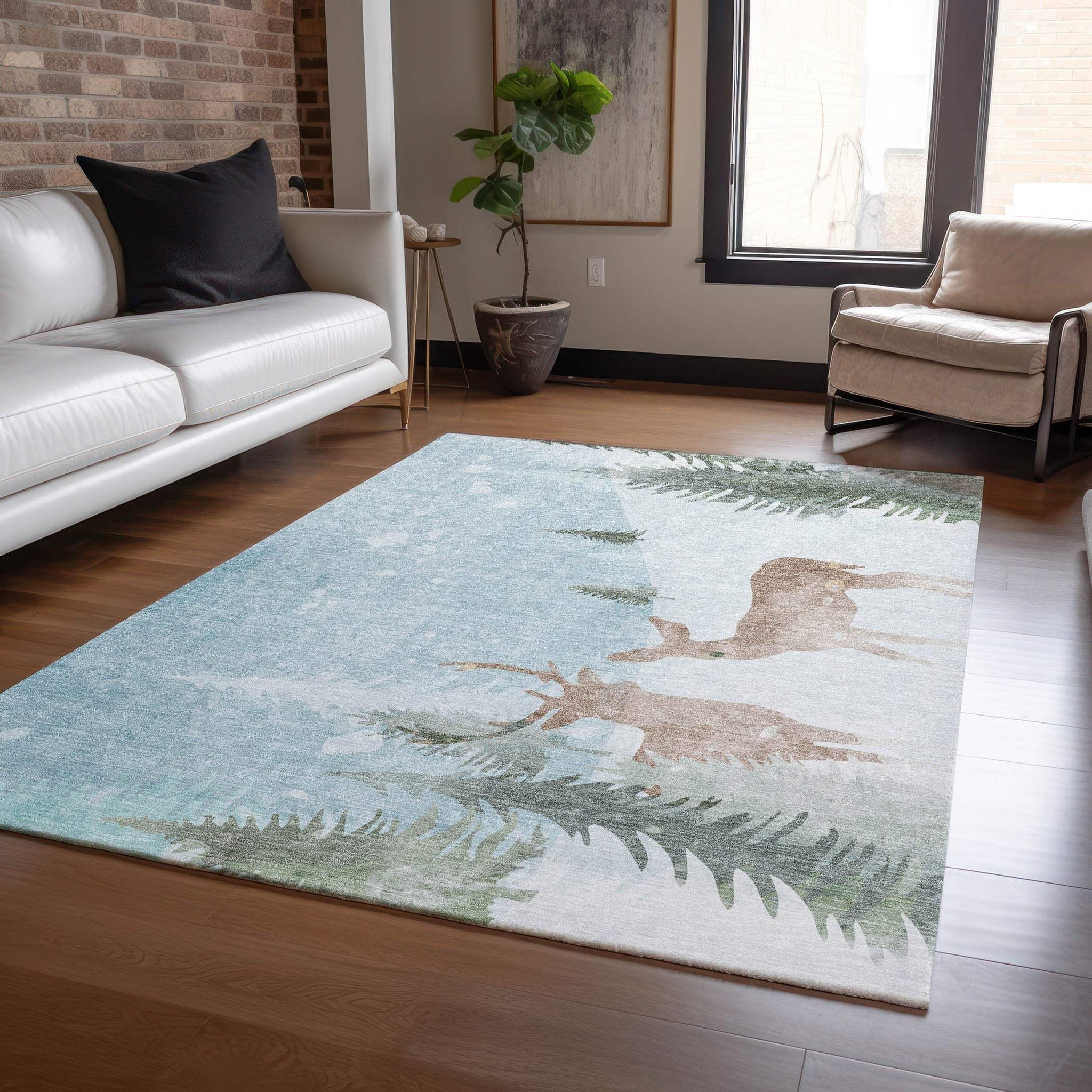 10' X 14' Sky Blue Sage Ivory And Khaki Deer Washable Indoor Outdoor Area Rug - Homeroots - Flyclothing LLC